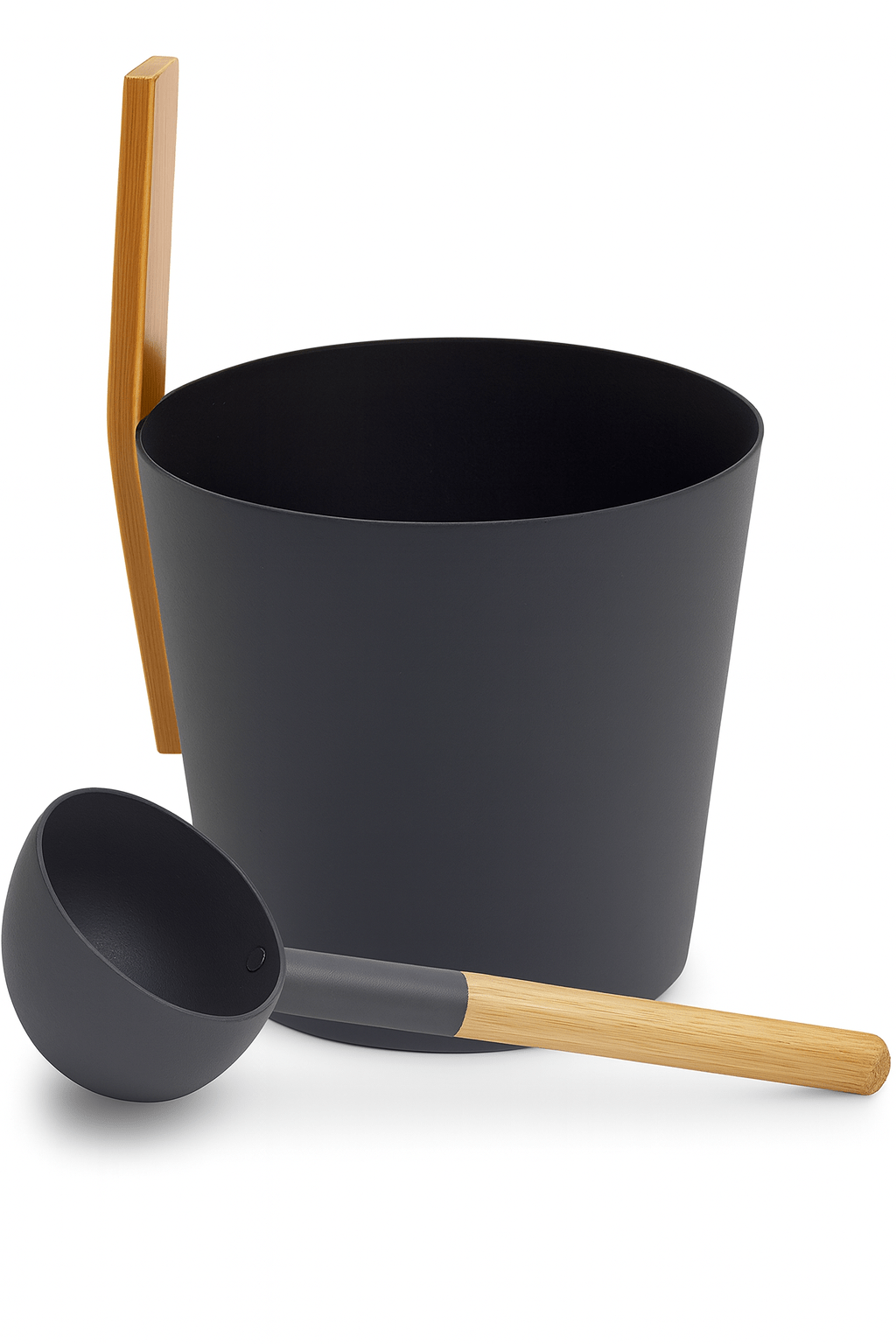 KOLO sauna bucket and ladle set in sleek black with bamboo handle for authentic sauna experience
