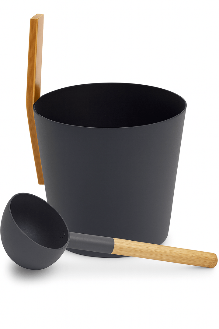 KOLO sauna bucket and ladle set in sleek black with bamboo handle for authentic sauna experience