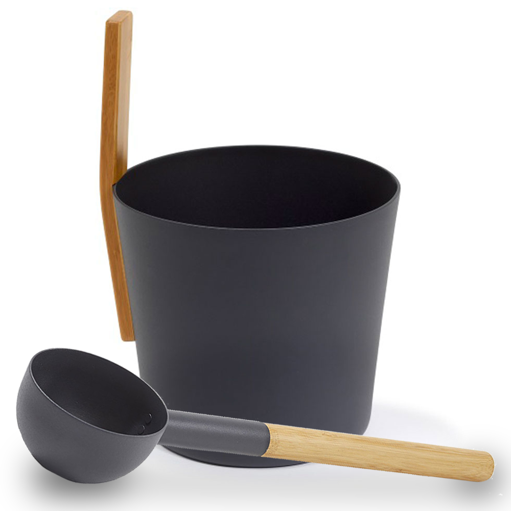 KOLO sauna bucket and ladle set with black bucket and wooden handle ladle accessory