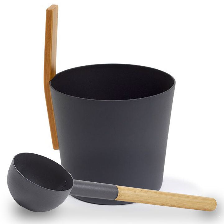 KOLO sauna bucket and ladle set with black bucket and wooden handle ladle accessory