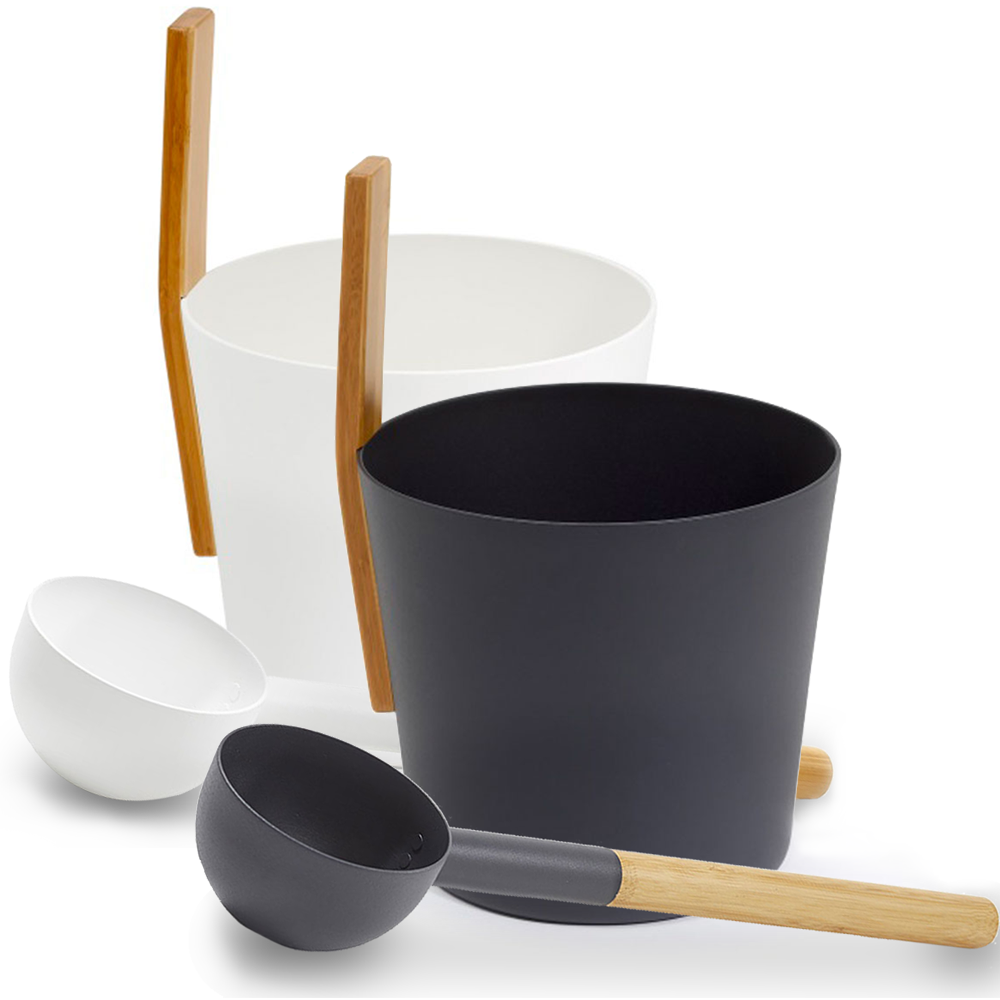 KOLO sauna bucket and ladle set in black and white with wooden handles for sauna use
