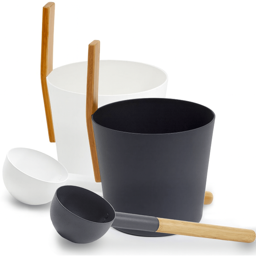 KOLO sauna bucket and ladle set in black and white with wooden handles for a stylish sauna experience