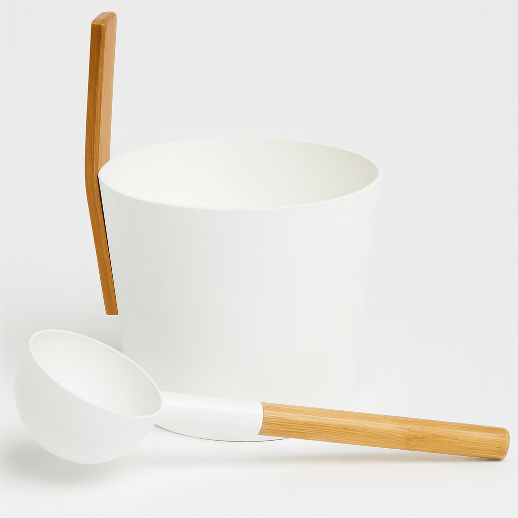 KOLO sauna bucket and ladle set in white with bamboo handles for a perfect sauna experience