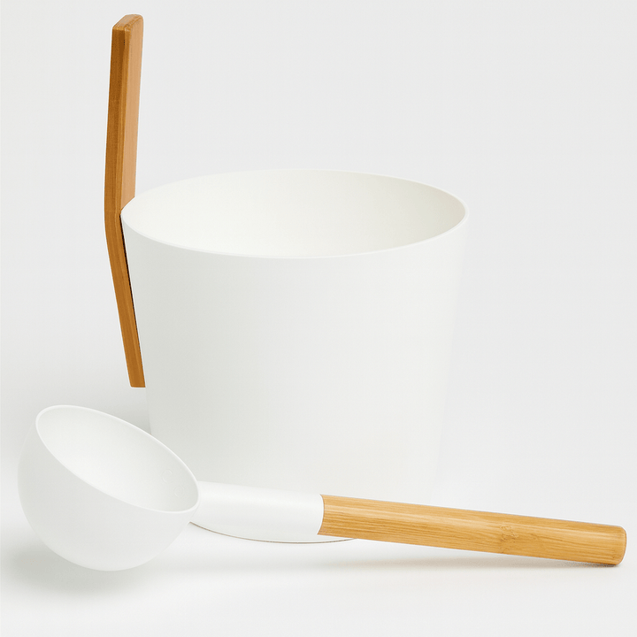 KOLO sauna bucket and ladle set in white with bamboo handles for a perfect sauna experience