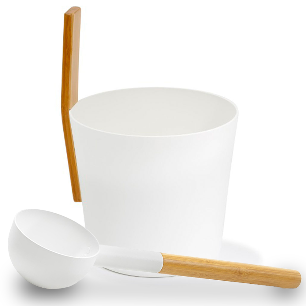 KOLO sauna bucket and ladle with white bucket and wooden handles for traditional sauna use