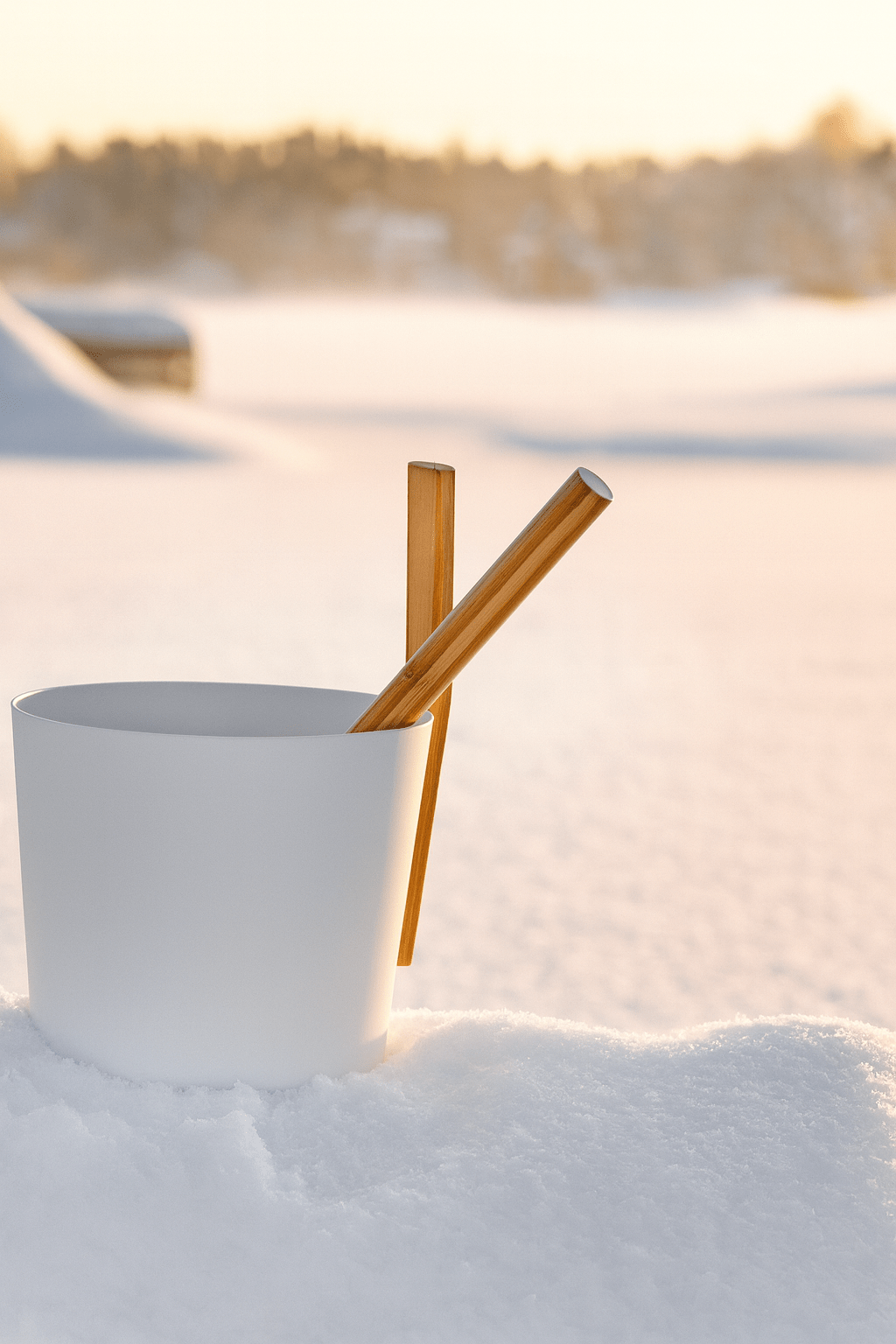 KOLO sauna bucket and ladle set in white resting on snow with a sunset backdrop