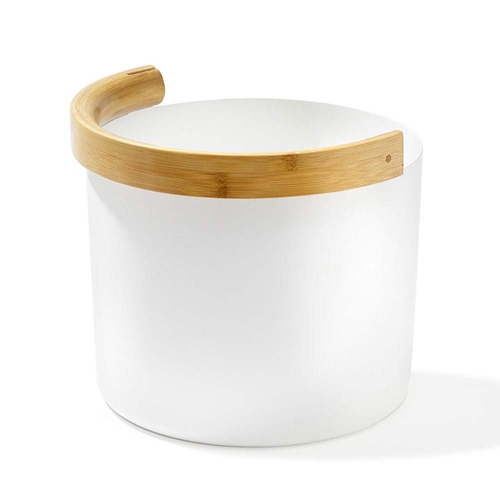 KOLO sauna bucket with a sleek white finish and a natural bamboo handle for an elegant touch
