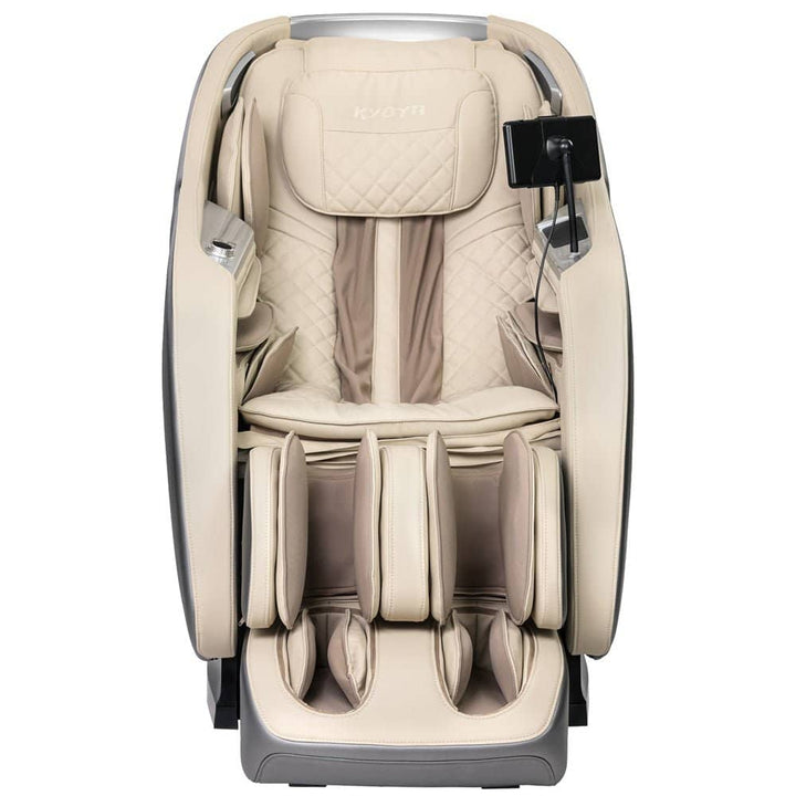 Kyota Joubu M880 massage chair in cream color featuring plush padding and arm support