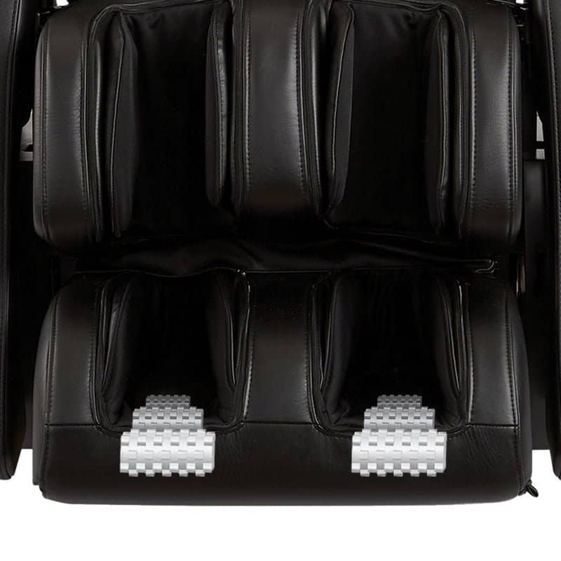 Kyota Kansha M878 massage chair with plush black upholstery and foot rollers for ultimate relaxation