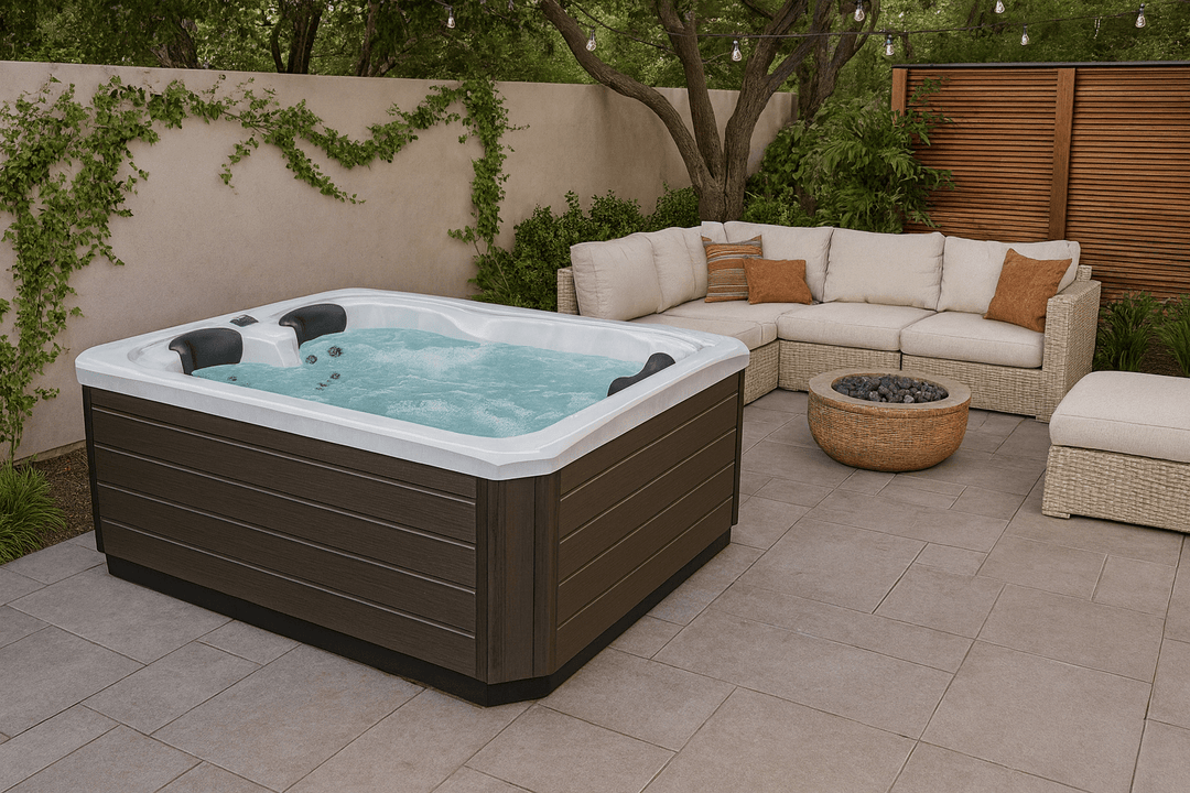 Largo Studio Series hot tub in a serene patio setting with plush seating and a cozy fire pit