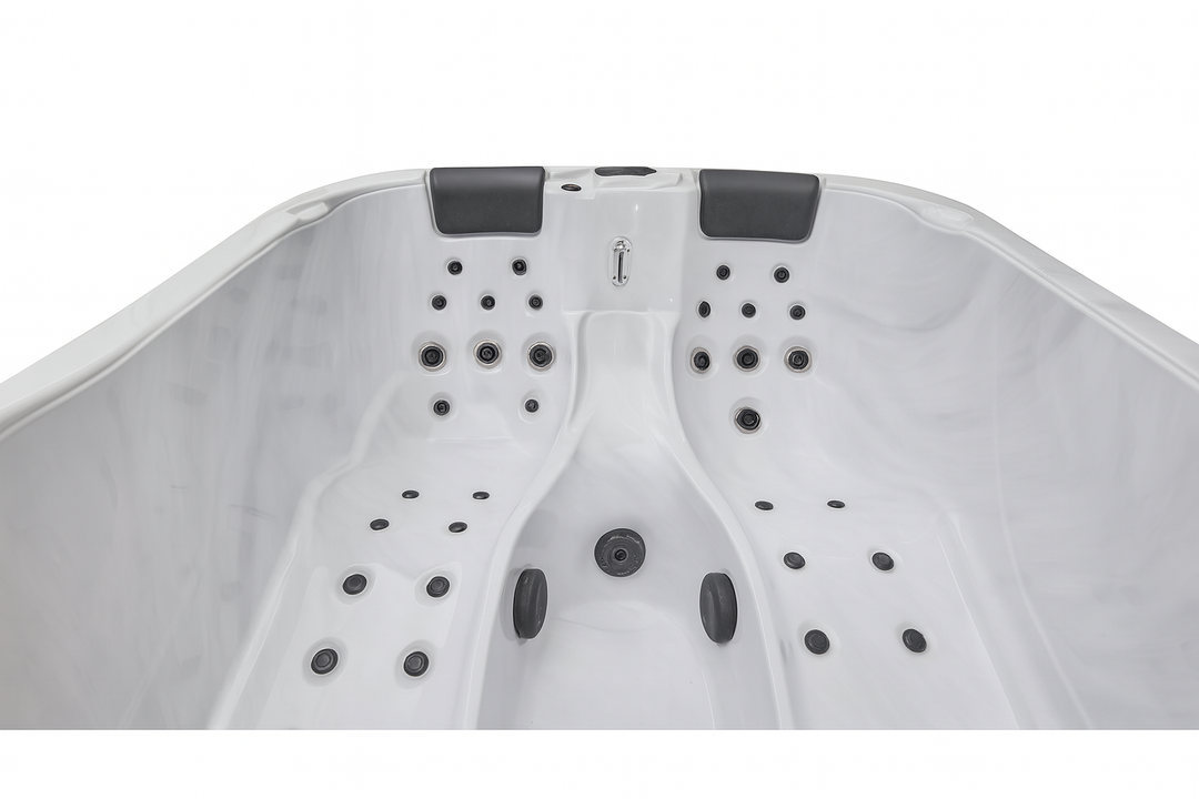 Luxury Spa Largo Studio Series hot tub white interior with black headrests and multiple jets