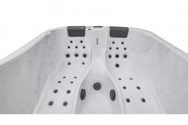Luxury Spa Largo Studio Series hot tub white interior with black headrests and multiple jets