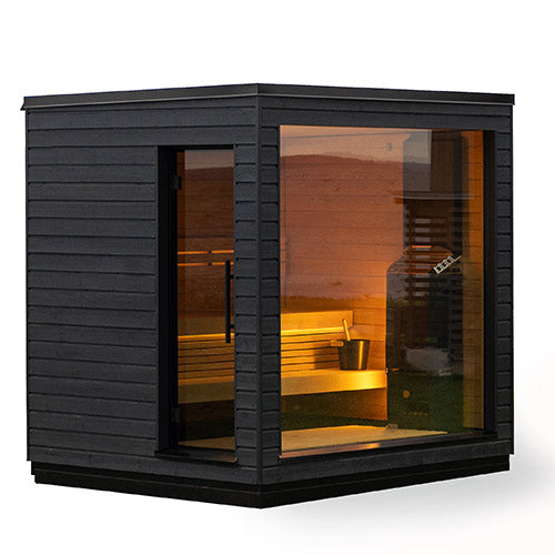 SaunaLife traditional luxury backyard sauna cabin with black exterior and large glass windows