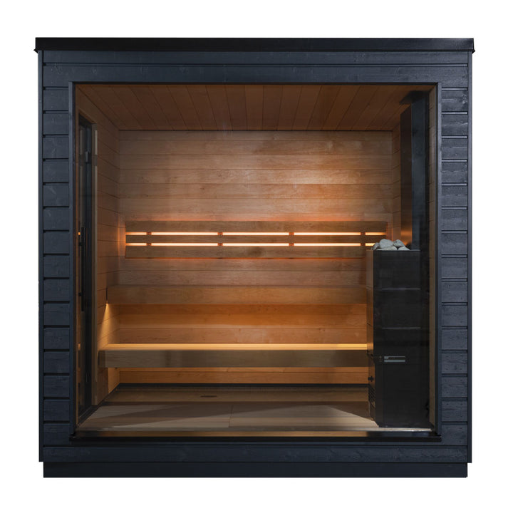 SaunaLife traditional luxury backyard sauna with glass front and wooden interior bench