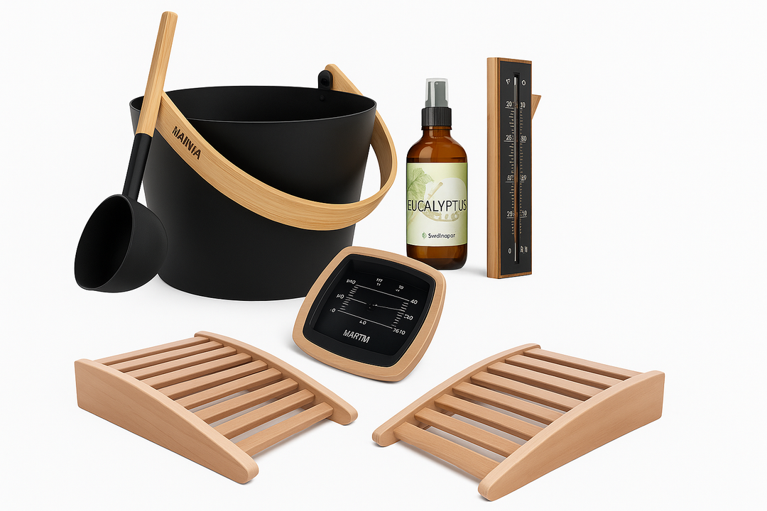 Luxury barrel sauna accessories set by Leisurecraft including wooden backrests, ladle, bucket, eucalyptus spray, and thermometer
