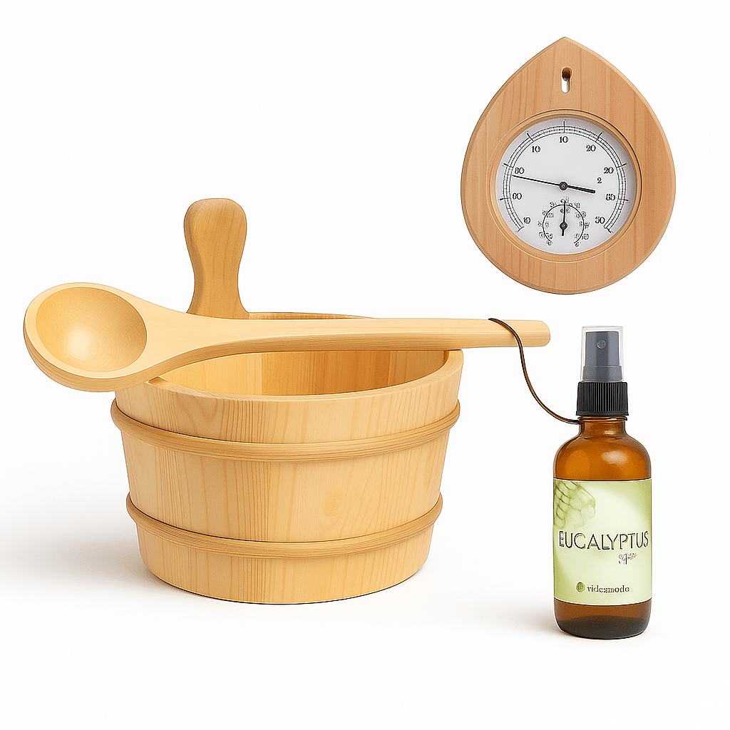 Accessories for luxury barrel sauna including a wooden bucket, spoon, thermometer, and eucalyptus spray