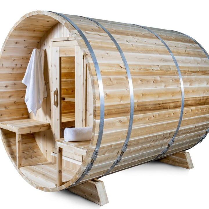 Leisurecraft luxury barrel sauna made of wooden planks with metal bands and front bench seating