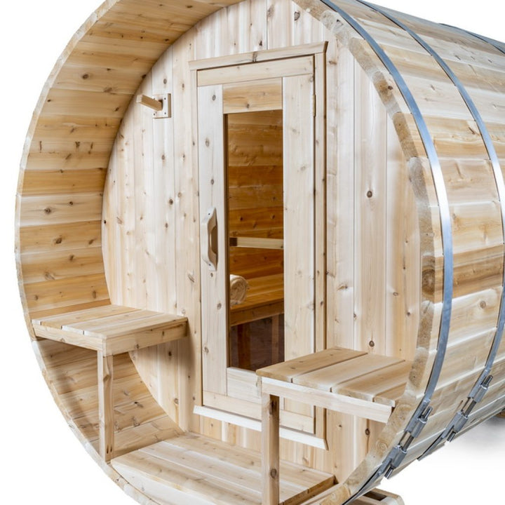 Leisurecraft luxury barrel sauna made of natural wood with glass door and exterior benches