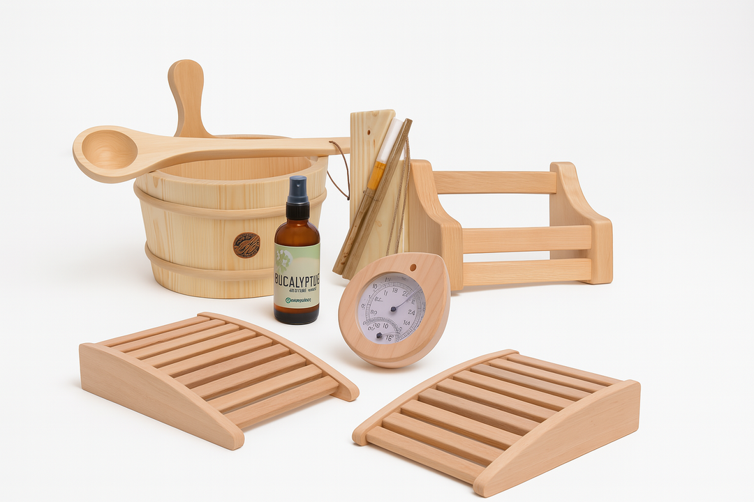 Leisurecraft luxury barrel sauna accessories including wooden bucket, ladle, thermometer, and aromatherapy bottle