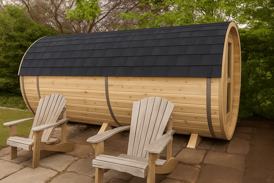 Luxury barrel sauna by Leisurecraft with natural wood finish and cozy seating area outside