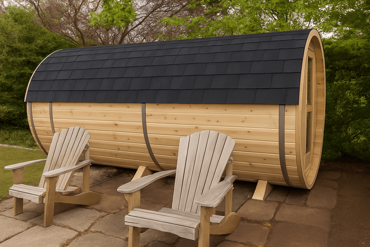 Luxury barrel sauna by Leisurecraft with natural wood finish and cozy seating area outside