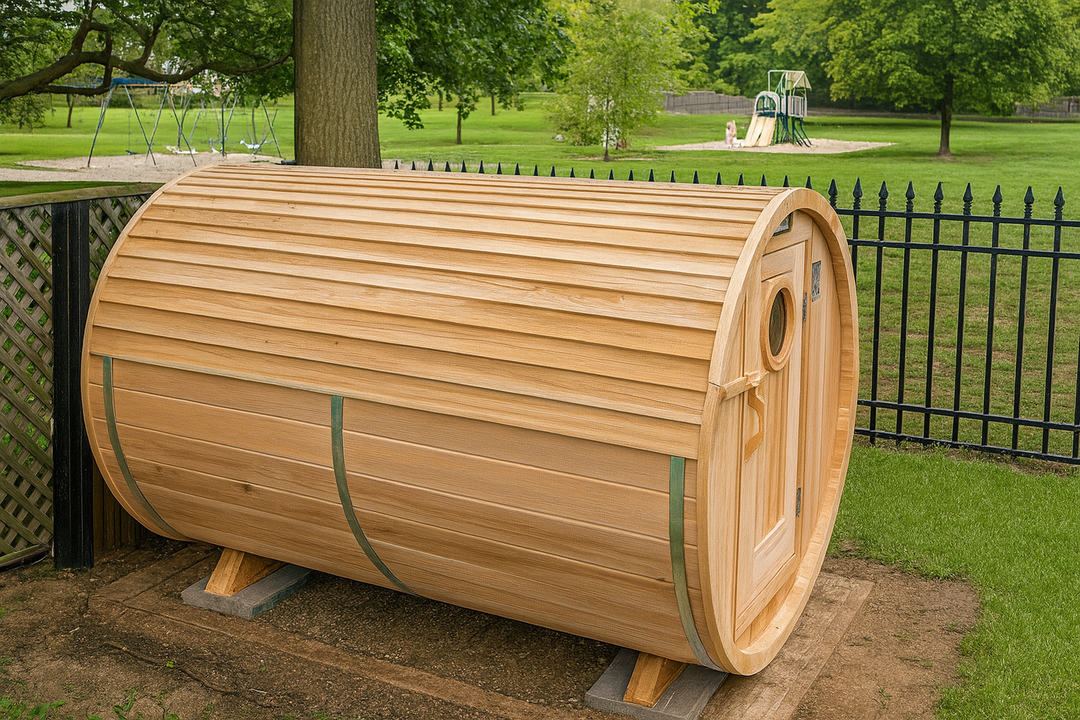 Leisurecraft luxury barrel sauna made of wood with rounded design placed outdoors in a backyard