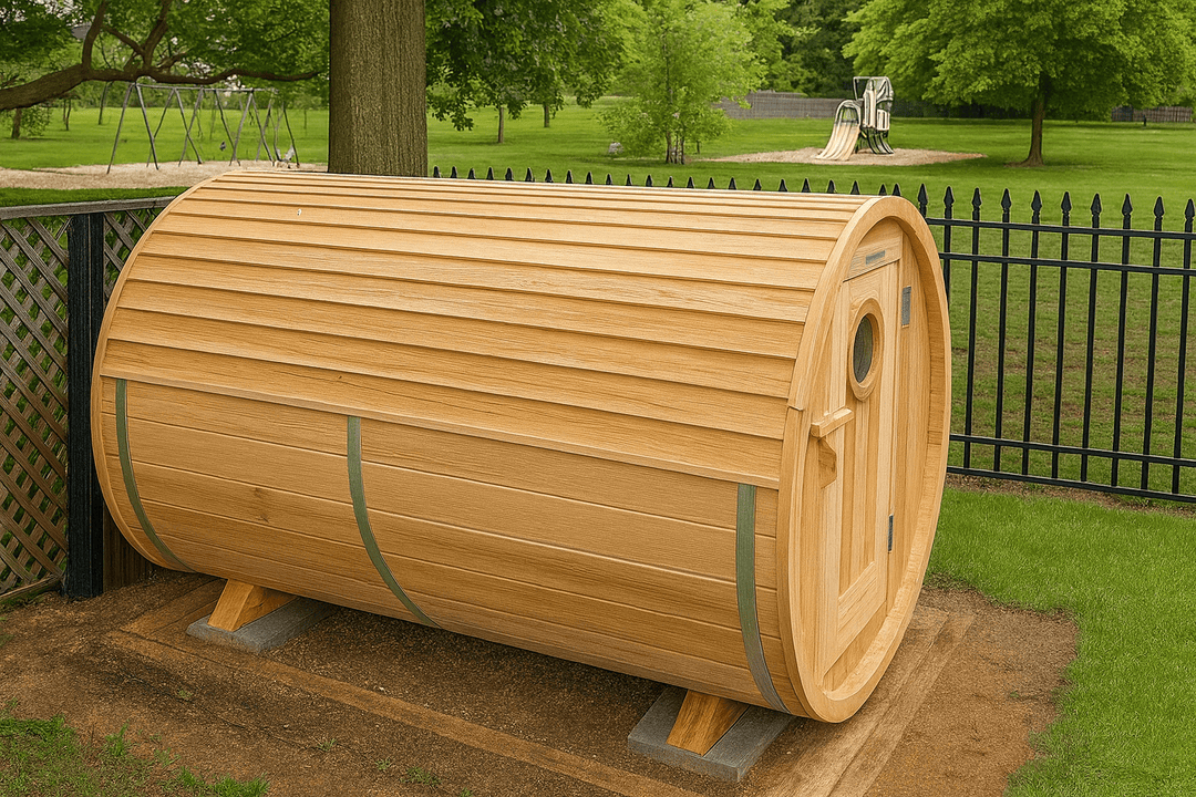Leisurecraft luxury barrel sauna made of natural wood, perfect for outdoor relaxation and wellness