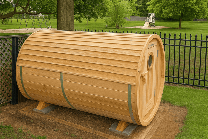Leisurecraft luxury barrel sauna made of natural wood, perfect for outdoor relaxation and wellness