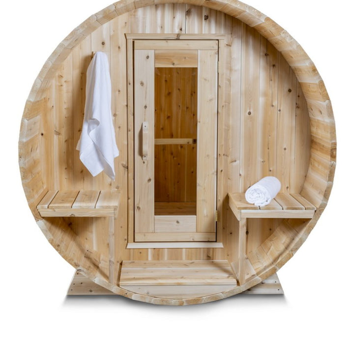 Leisurecraft luxury barrel sauna made of natural wood with glass door and wooden benches