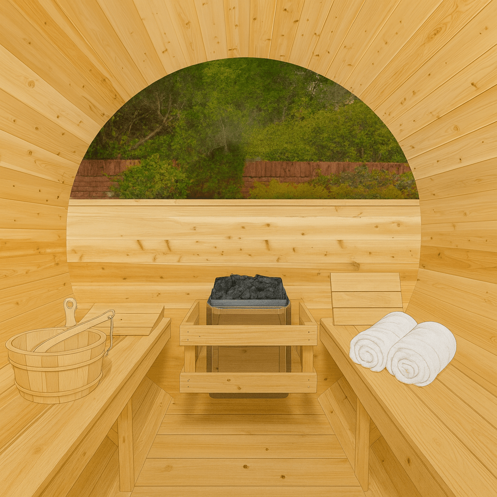 Luxury barrel sauna interior featuring wood benches, a heater, and relaxing ambiance