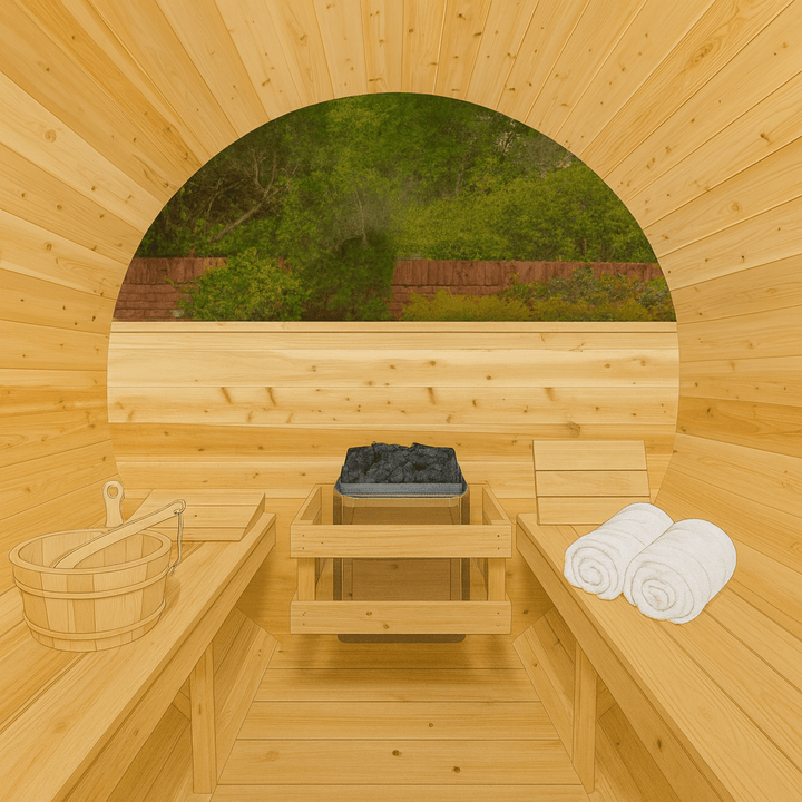 Luxury barrel sauna interior featuring wood benches, a heater, and relaxing ambiance
