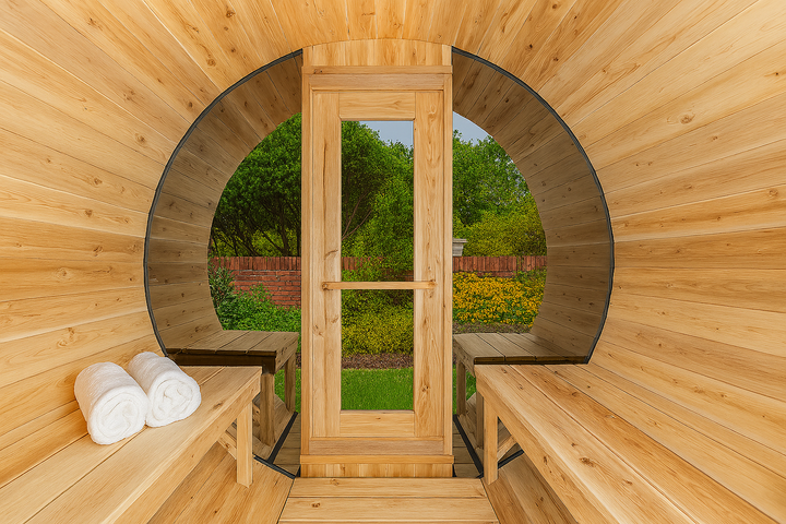 Interior view of Leisurecraft luxury barrel sauna with wooden benches and rolled white towels