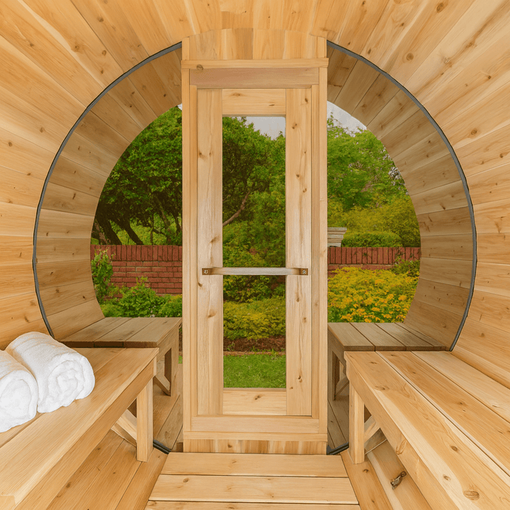 Luxury barrel sauna interior with wooden benches and glass door, perfect for relaxation