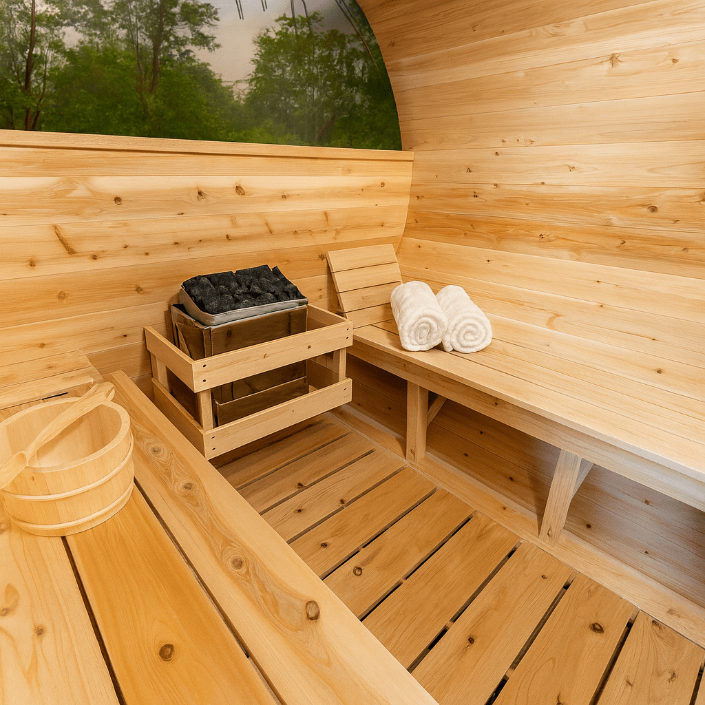 Interior of a luxury barrel sauna featuring wooden benches, a rock heater, and neatly arranged towels
