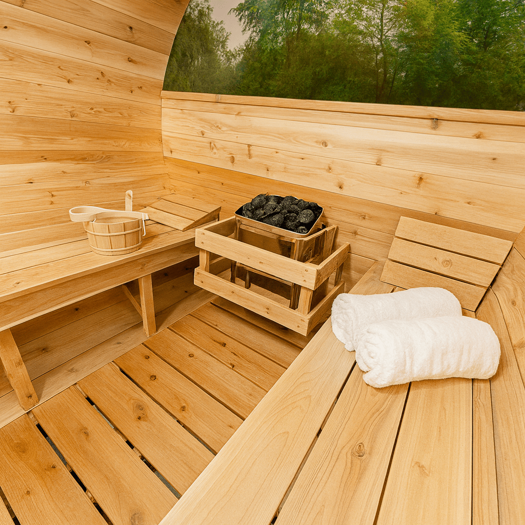 Spacious luxury barrel sauna interior featuring wooden benches, a bucket, and a stone heater