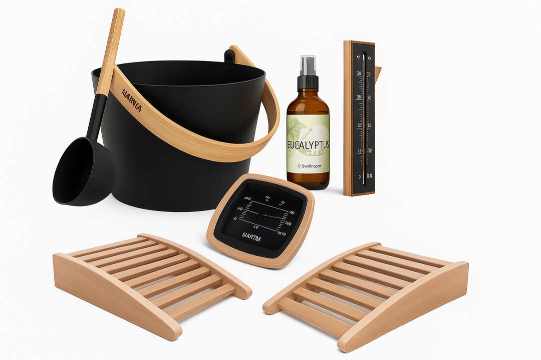 Accessory set for luxury barrel sauna including a bucket, ladle, thermometer, and eucalyptus oil