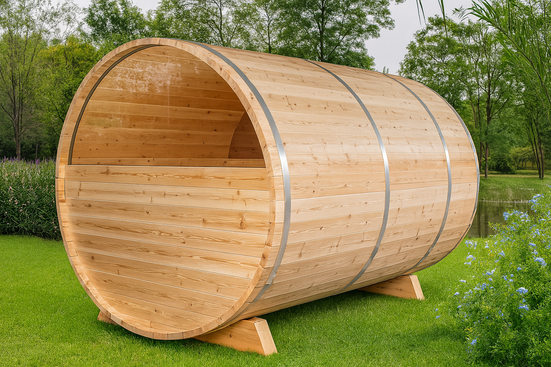 Leisurecraft luxury barrel sauna made of natural wood with metal bands in outdoor green garden