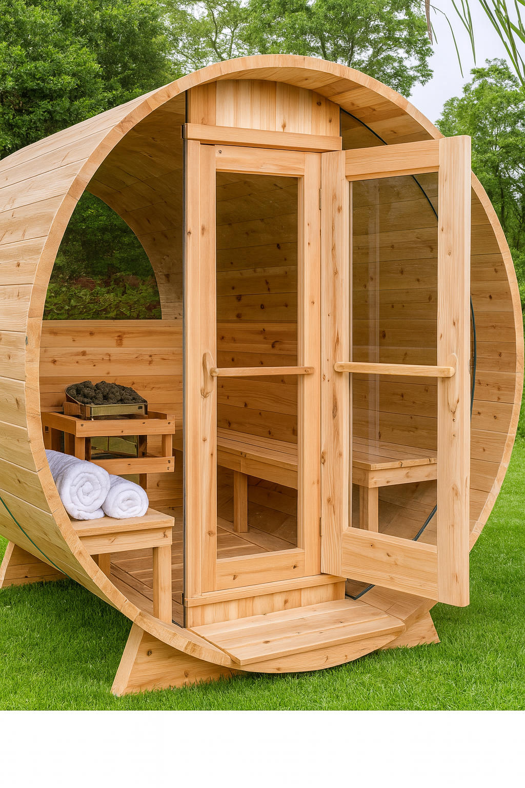 Leisurecraft luxury barrel sauna made of natural wood with glass door and interior bench