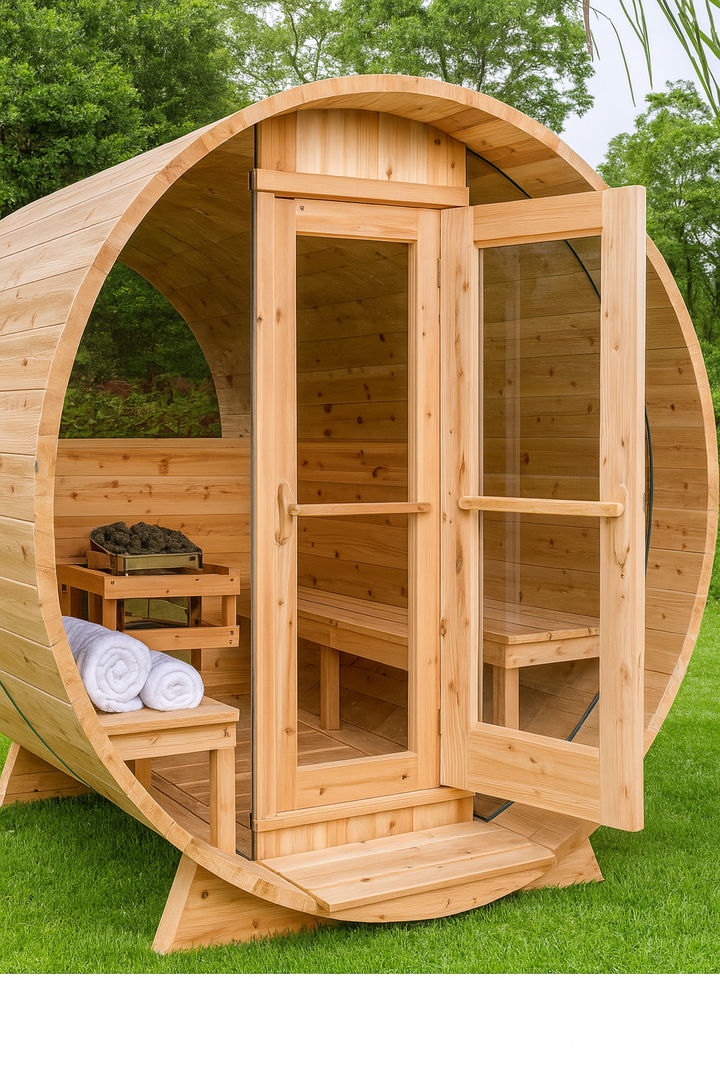 Leisurecraft luxury barrel sauna made of natural wood with glass door and interior bench