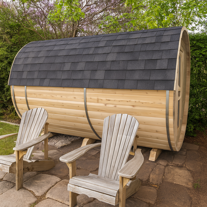 Leisurecraft luxury barrel sauna with rounded wooden design and black shingled roof outdoors