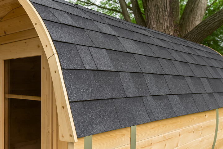 Leisurecraft luxury barrel sauna with black shingle roof and natural wood exterior close-up