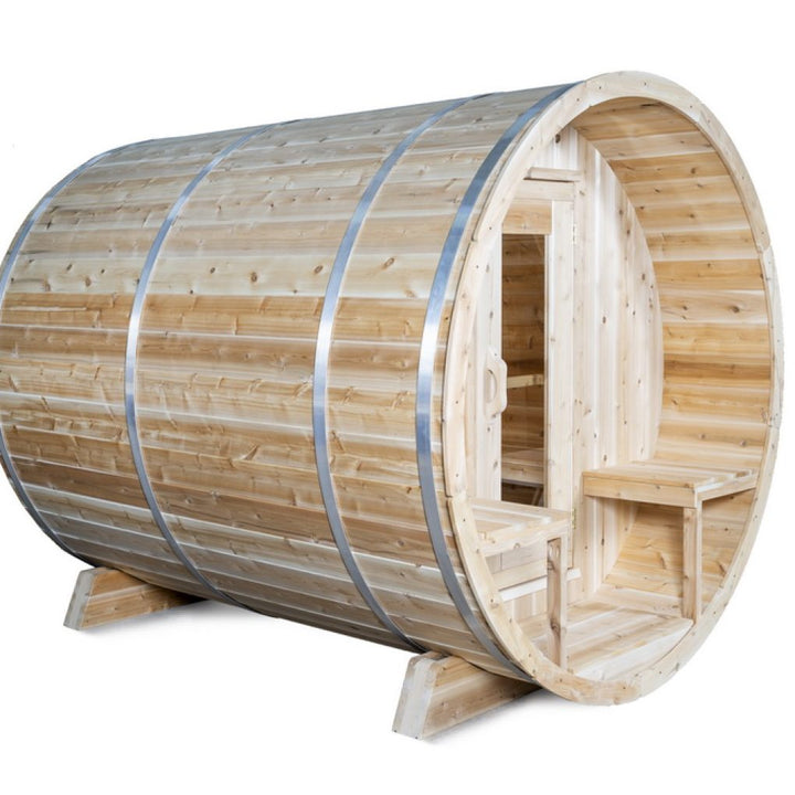Leisurecraft luxury barrel sauna made of natural wood with curved design and bench seating inside
