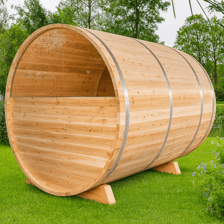 Luxury barrel sauna by Leisurecraft made of natural wood, designed for outdoor relaxation and wellness.