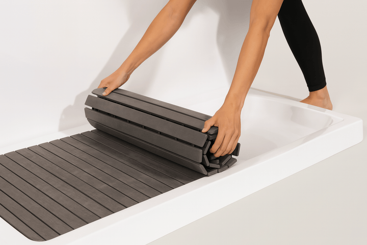 Sierra Spa luxury cold plunge basin with a rolled mat for easy storage and use