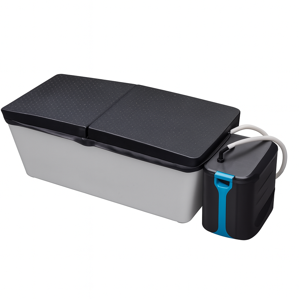 Luxury cold plunge bath by Luxury Spa with black cushioned lid and attached cooling unit