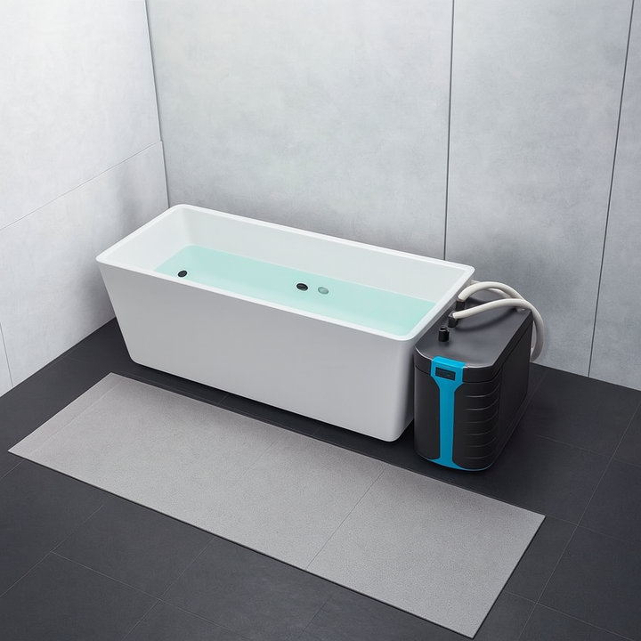 Luxury cold plunge bath with modern white tub and cooling unit in sleek bathroom setup
