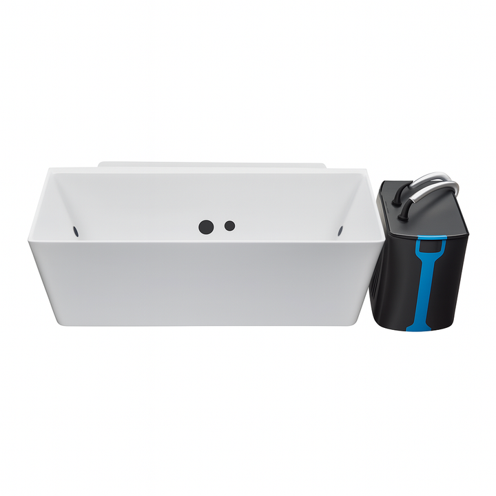 Luxury cold plunge bath by Luxury Spa with modern white tub and black control unit