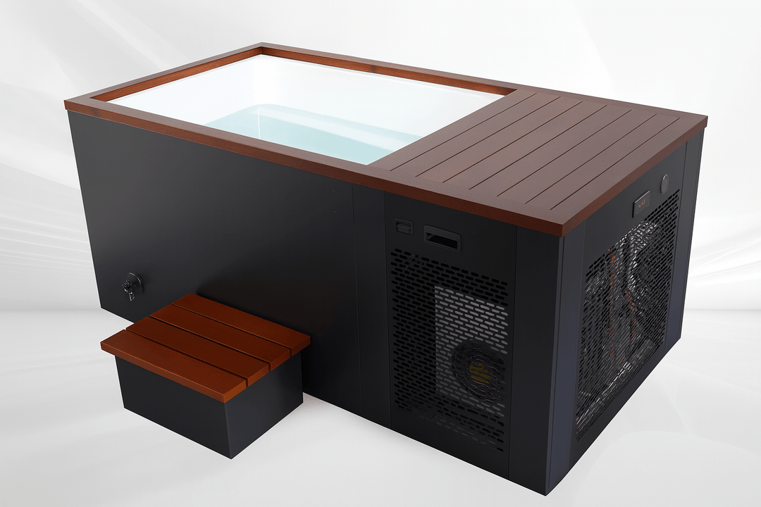 Luxury cold plunge tub with a sleek design and wooden accents for a premium spa experience