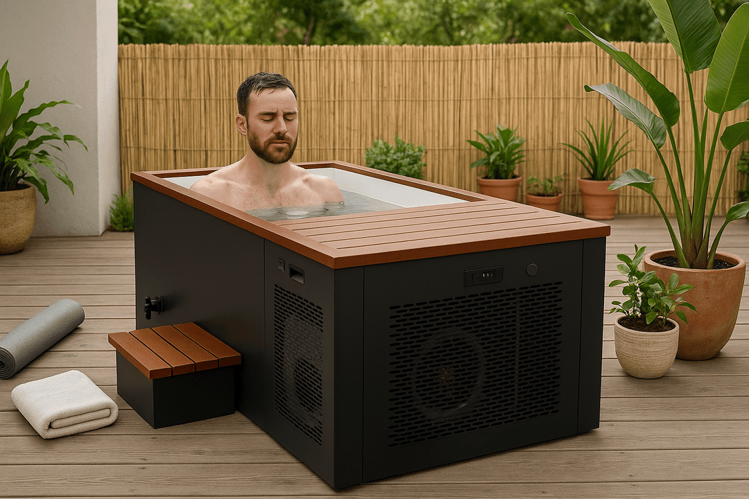 Luxury cold plunge tub in a serene outdoor setting with a person enjoying a revitalizing soak