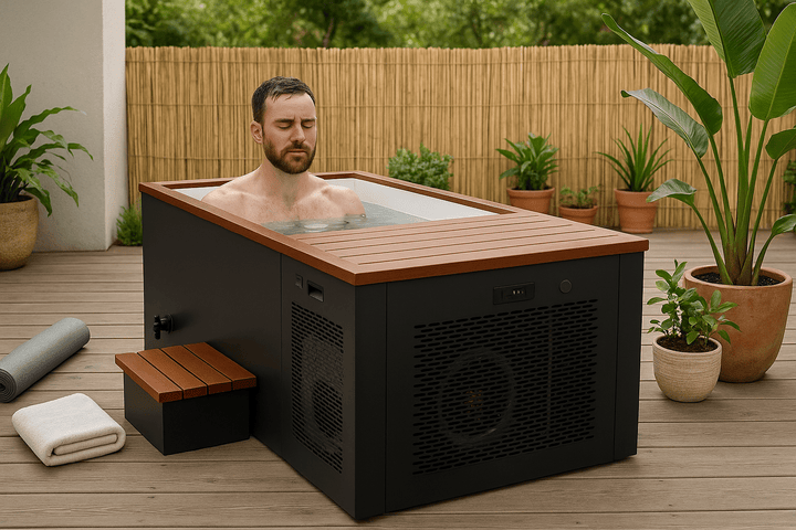 Luxury cold plunge tub in a serene outdoor setting with a person enjoying a revitalizing soak
